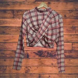 5 for $25🔥The Sang Pink Plaid Cropped Cross Front Blouse Large‎ NWT